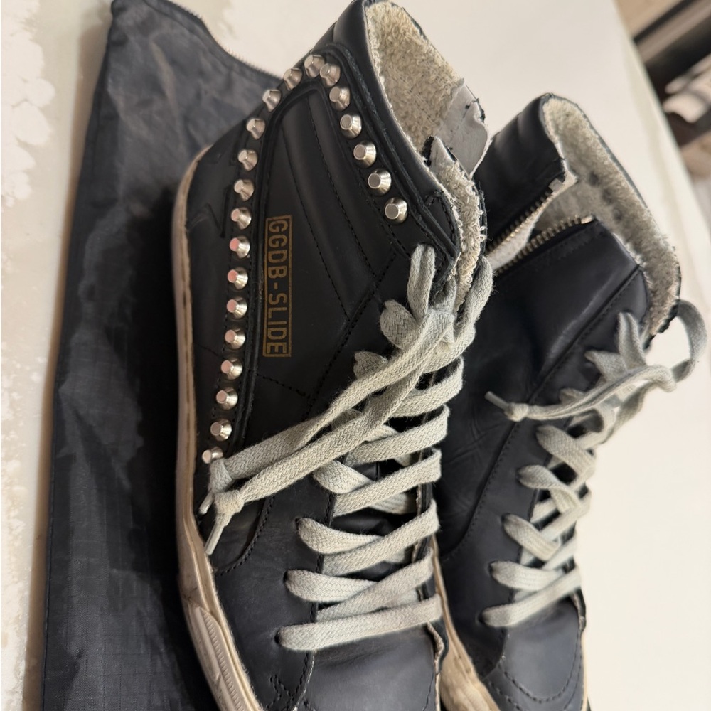 Golden Goose Black Leather Studded High-Top Sneakers with Gray Laces - Picture 3 of 11